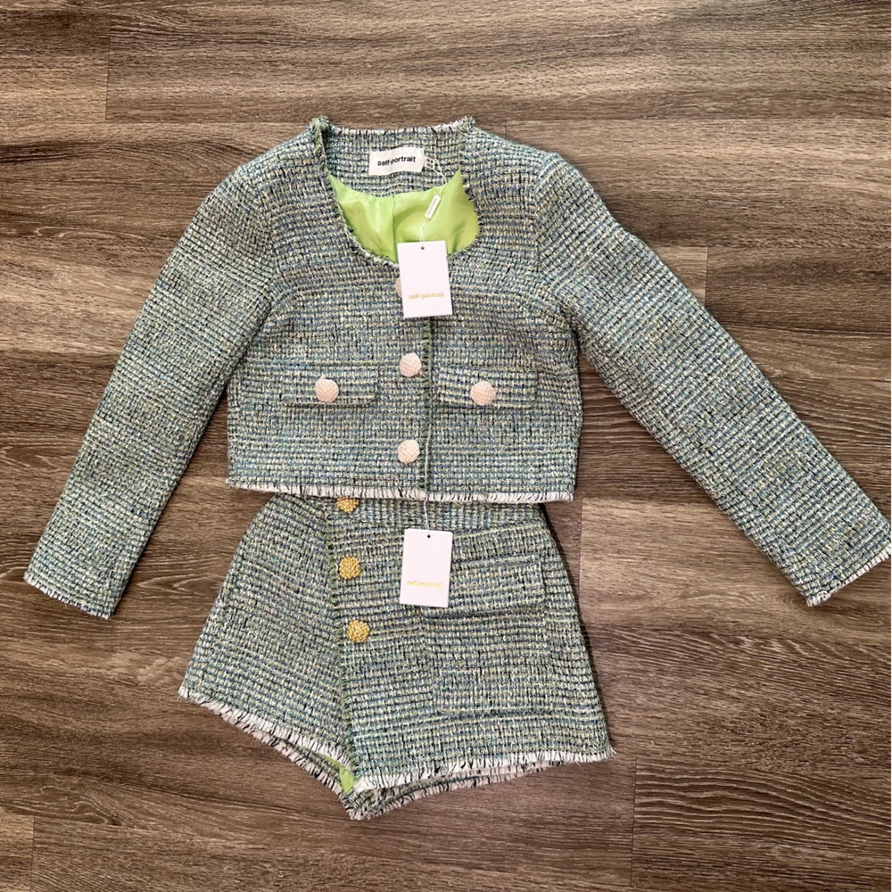 NWT Self Portrait Green Boucle (Tweed like) Jacket and Skort (set) US 2 UK 6